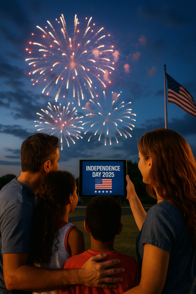 Family celebrating Independence Day 2025 with tech